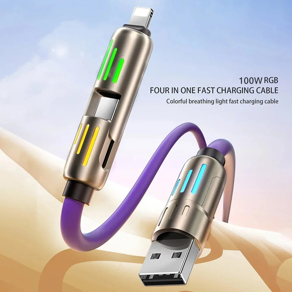 100W Super Fast Charge 4in1 Functional USB Type C Liquid Silicone Aluminum Alloy Data Cable