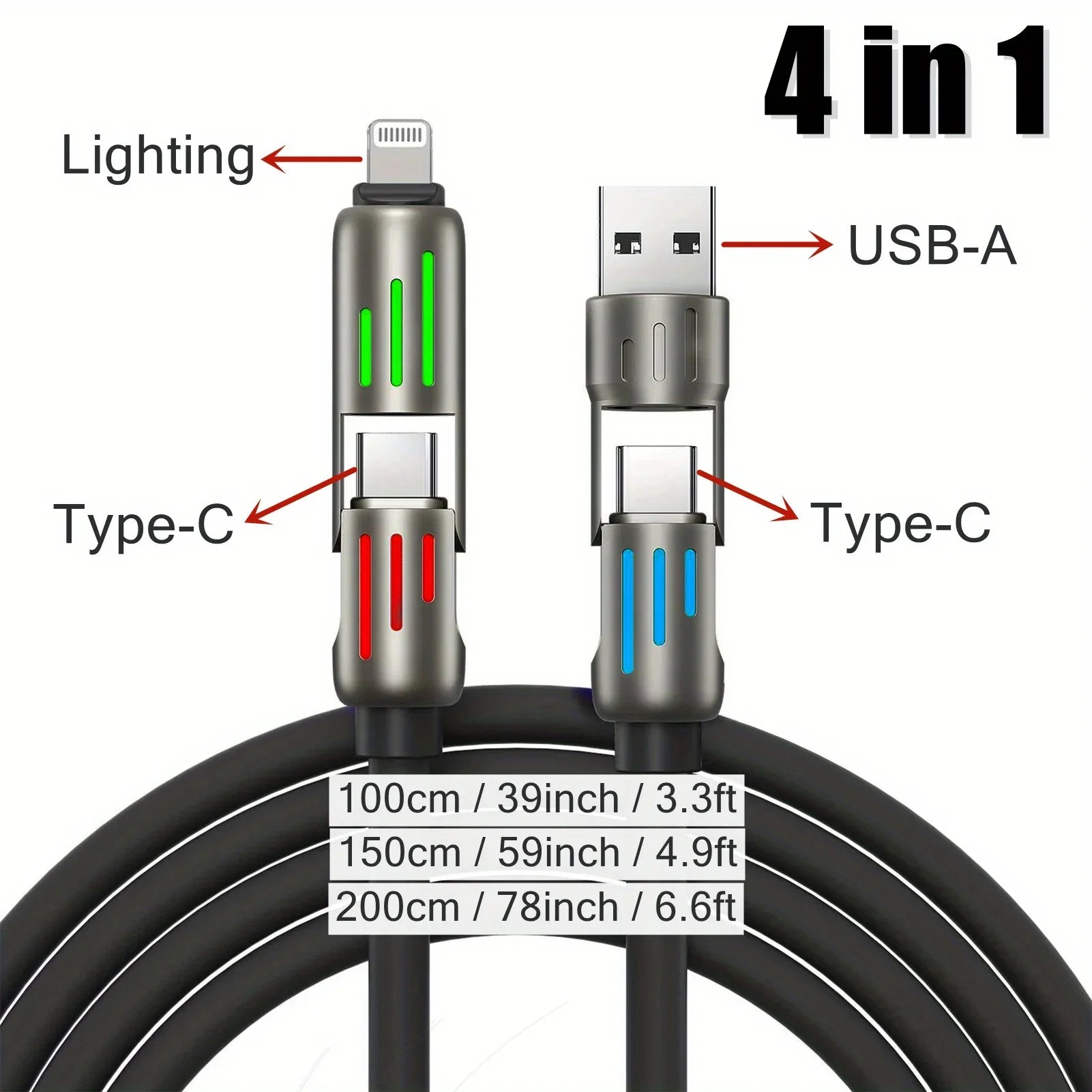100W Super Fast Charge 4in1 Functional USB Type C Liquid Silicone Aluminum Alloy Data Cable
