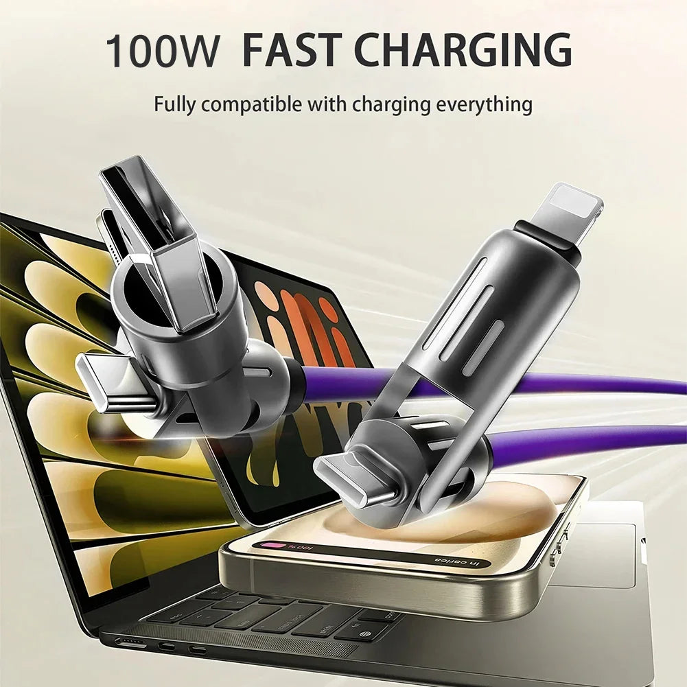 100W Super Fast Charge 4in1 Functional USB Type C Liquid Silicone Aluminum Alloy Data Cable