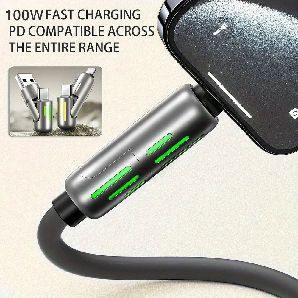100W Super Fast Charge 4in1 Functional USB Type C Liquid Silicone Aluminum Alloy Data Cable